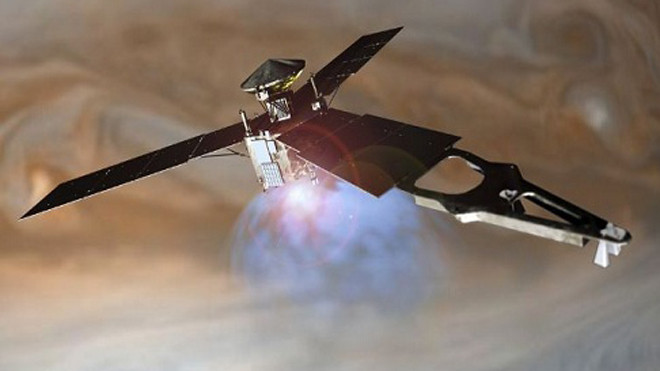 Hình minh họa tàu thăm dò Juno của NASA bay quanh quỹ đạo sao Mộc. Ảnh: NASA.