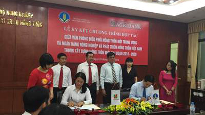 Ông Nguyễn Minh Tiến, Cục trưởng, CVP điều phối nông thôn mới Trung ương và Bà Nguyễn Thị Phượng, Phó Tổng giám đốc Agribank ký Chương trình hợp tác 