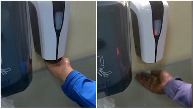 Hai bàn tay của người da trắng và người da màu cùng đặt dưới bình xịt tự động nhưng chỉ một người nhận được xà phòng nhả ra (Ảnh: Dailymail)