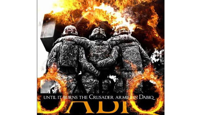 Minh họa trên Tạp chí Dabiq dẫn lời IS tuyên chiến gửi đến phương Tây “cho đến khi nghiền nát quân thập tự chinh ở Dabiq”.