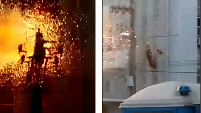  Khoảnh khắc nạn nhân bị điện giật trước khi rơi xuống đất