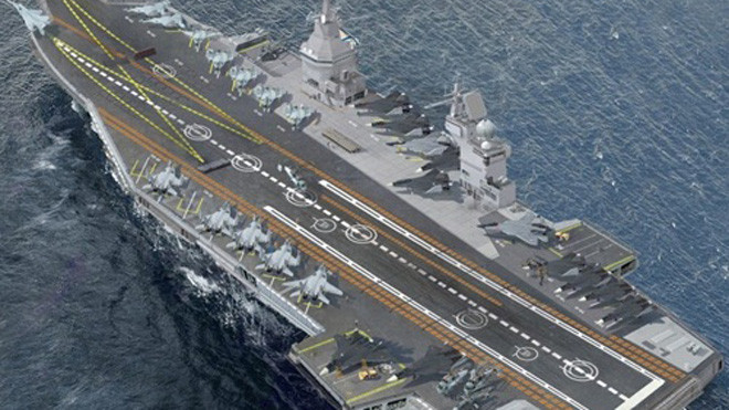 Mô phỏng tàu sân bay mới "Bão táp" của Nga. Ảnh: KRSC