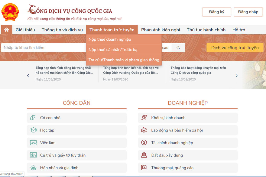 Giao diện Cổng Dịch vụ Công Quốc gia