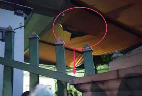 Cháu bé ngã vào tấm bạt ngoài lan can rồi rơi xuống đất tử vong - Ảnh: XT