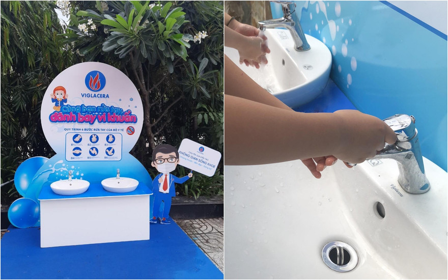 Trạm rửa tay Viglacera sở hữu thiết kế bắt mắt, đi kèm với hướng dẫn 6 bước rửa tay của Bộ Y Tế
