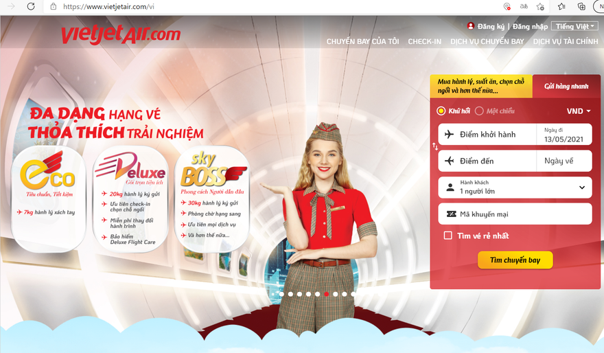 Giao diện phiên bản website mới của Vietjet. Ảnh chụp màn hình.