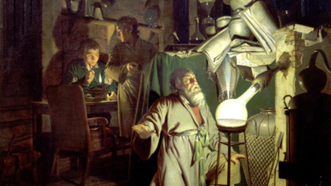 Mô phỏng nhà giả kim chế tạo ra hòn đá phủ thủy do họa sỹ Joseph Wright vẽ năm 1771. Ảnh: Pinit