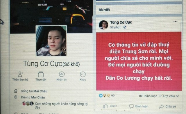 Tài khoản “Tùng Cơ Cực” đăng Status thông tin vỡ đập Thủy điện Trung Sơn. 