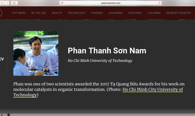 Thông tin về GS.TS Phan Thanh Sơn Nam trên tạp chí Asian Scientist