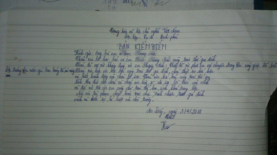 Bản kiểm điểm của giáo viên chủ nhiệm Nguyễn Thị Minh Hương (ảnh do gia đình cung cấp)