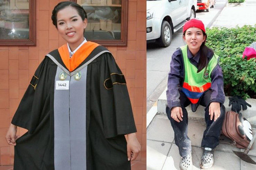 Suwanan chia sẻ bức ảnh một bên mặc đồ cử nhân, một bên mặc đồ công nhân vệ sinh đường phố. Ảnh: News18.