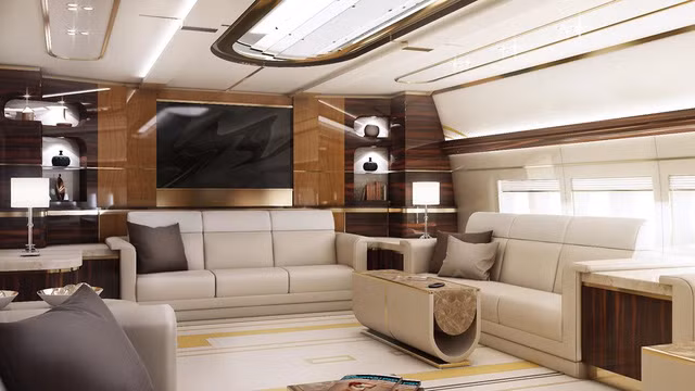 Nội thất sang trọng và tiện nghi trong phòng khách của Boeing 747-8 VIP. (Ảnh: NY Daily )