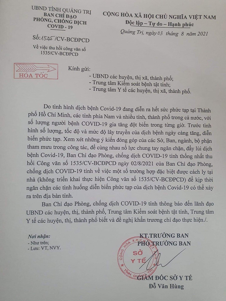 Quá nhiều 'trường hợp đặc biệt' xin về nhà cách ly, Quảng Trị hỏa tốc thu hồi công văn