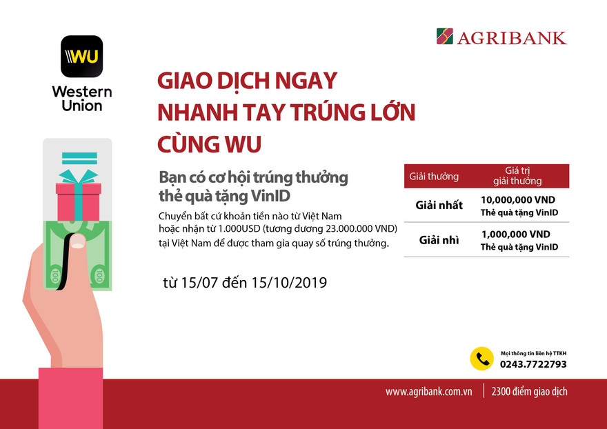 Cùng Agribank ‘giao dịch ngay – nhanh tay trúng lớn cùng WU’