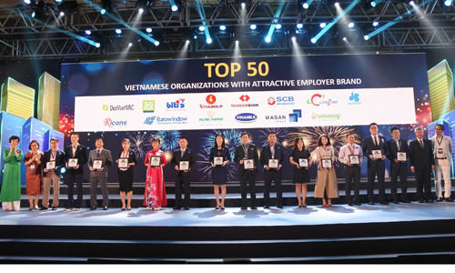 Ông Vũ Đức Hưng – GĐ Khối Quản trị nguồn Nhân lực (đứng thứ 8 từ trái qua) đại diện SCB nhận giải tại chương trình