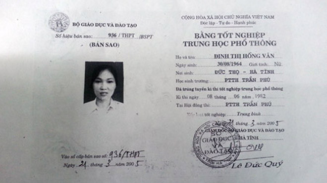 Bằng tốt nghiệp mà bà Vân đã mượn bạn để sử dụng trong suốt 1 thời gian dài mà không bị phát giác. 