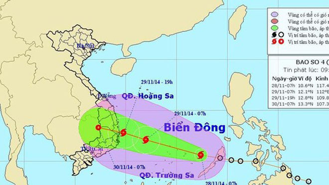Vị trí và dự báo đường đi của cơn bão số 4. Nguồn: Trung tâm dự báo khí tượng thuỷ văn Trung ương