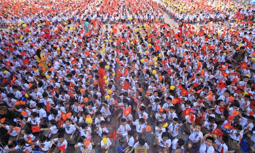 Buổi khai giảng của Trường Tiểu học Chu Văn An (phường Hoàng Liệt, Hoàng Mai). Ảnh: Gia Chính.