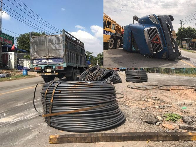 8 cuộn sắt lao từ container xuống đường đè bẹp xe máy đang lưu thông