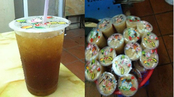  Trà đào đóng hộp sẵn bán với giá 6 nghìn đồng/hộp.