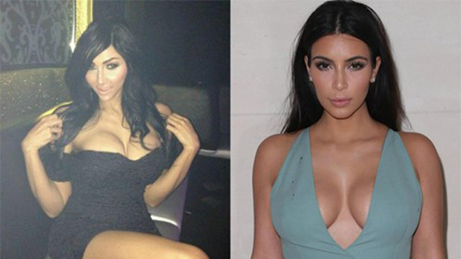 Claire Leeson (trái) sau khi đã hoàn tất cuộc lột xác để thật giống Kim Kardashian (phải).