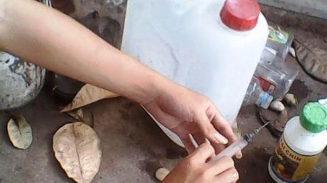 Chất bột được hòa tan còn để tiêm thẳng vào trái cây. (Ảnh Nguyên Hoàng) 