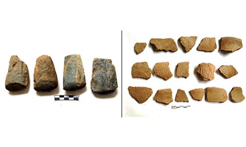 Công cụ đá và các mảnh gốm tìm thấy ở hang Pù Chùa.