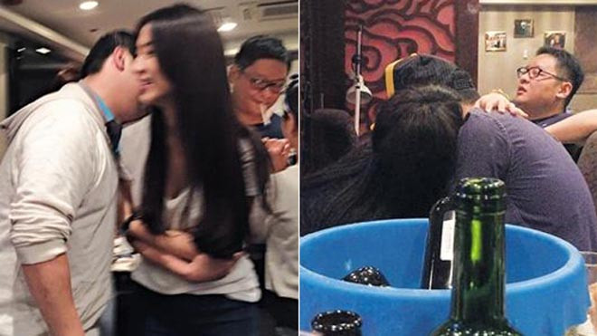 Trang Gia Bân, Judy ôm ấp nhau trong quán karaoke. Ảnh phải: Vương Tú Lâm và một thiếu gia khác.