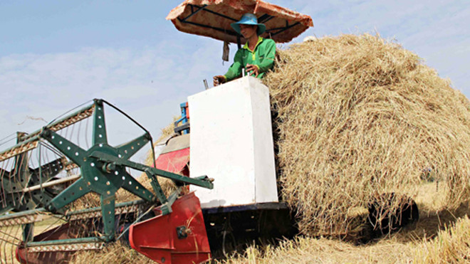 Máy thu gom rơm trên cánh đồng ở miền Tây. Ảnh: Cửu Long