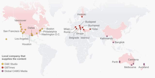 Bản đồ mô phỏng mạng lưới các đài phát thanh của Trung Quốc trên khắp thế giới, hoạt động dưới các công ty bình phong (Ảnh: Reuters)