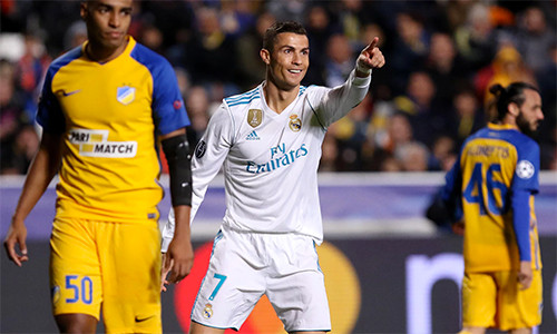 Ronaldo tiếp tục phong độ ấn tượng ở Champions League bằng cú đúp vào lưới APOEL. Ảnh: EPA.