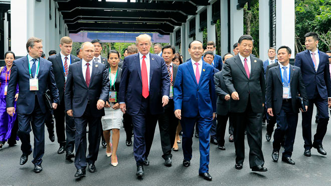 Chủ tịch nướcTrần Đại Quang và lãnh đạo các nước Trung Quốc, Nga, Hoa Kỳ tại Hội nghị Cấp cao APEC 2017. Ảnh: TTXVN