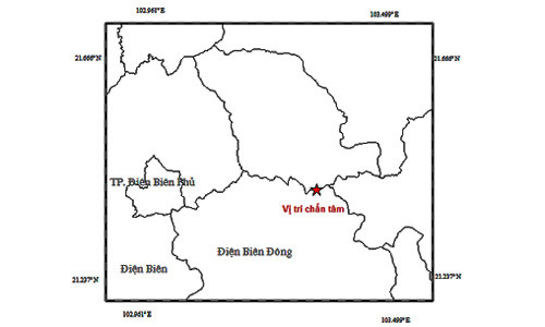 Vị trí tâm động đất. Ảnh: Viện Vật lý địa cầu