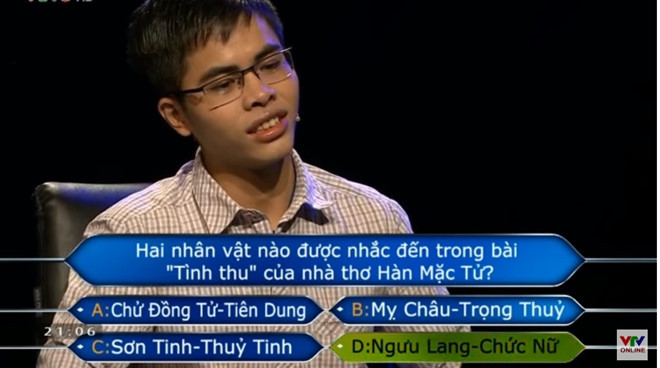 Lê Hữu Hiếu thông minh trả lời đúng câu hỏi mang về 30 triệu. Ảnh cắt từ clip.