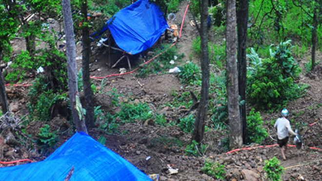 Lán trại của "vàng tặc" trên đỉnh Cà Nhút, huyện vùng cao Tây Trà. Ảnh: Trí Tín.