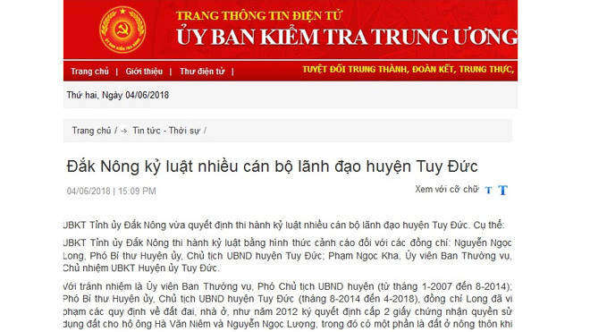 Cảnh cáo Chủ tịch, Chủ nhiệm UBKT Tuy Đức, Đắk Nông