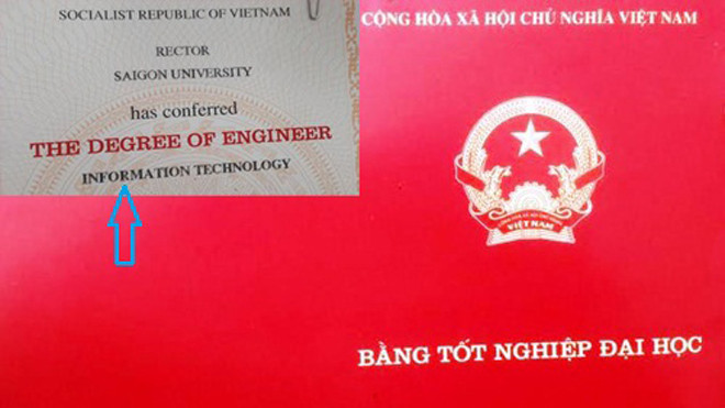 Đây là bằng Đại học mới nhất (cấp năm 2014, ảnh lớn) cũng của sinh viên Ngành Công nghệ thông tin trường ĐHSG được viết chính xác là "INFORMATION" (ảnh nhỏ). 