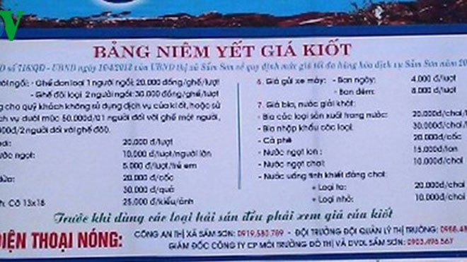 Bảng niêm yết giá tại Sầm Sơn. 
