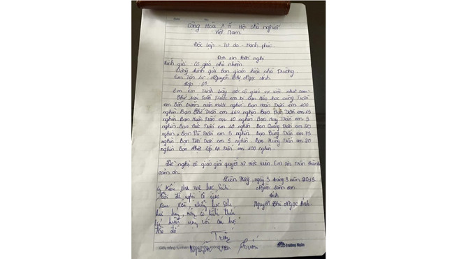 Đơn viết tay của em Ánh nói về việc bị bạn "trấn" tiền