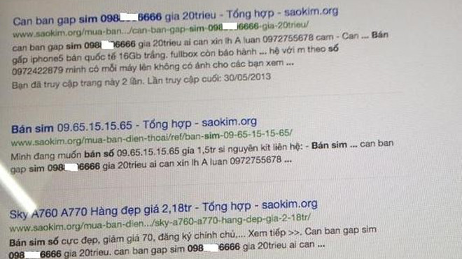 Số sim đẹp thuộc sở hữu của chị Quyên bị người lạ rao bán trên các trang mạng 