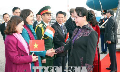 Đại diện Đại sứ quán và cộng đồng người Việt tại Hà Lan đón Chủ tịch Quốc hội Nguyễn Thị Kim Ngân tại sân bay quốc tế Amsterdam.
