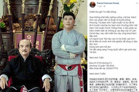 Chuẩn võ sư Nam Anh Tuấn - đệ tử đích truyền của đại sư Nam Anh chưởng môn Việt Nam Vịnh Xuân Chính thống phái (đứng), cùng bức "chiến thư" thách đấu Từ Hiểu Đông