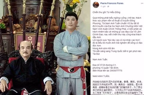Chuẩn võ sư Nam Anh Tuấn - đệ tử đích truyền của đại sư Nam Anh chưởng môn Việt Nam Vịnh Xuân Chính thống phái (đứng), cùng bức "chiến thư" thách đấu Từ Hiểu Đông