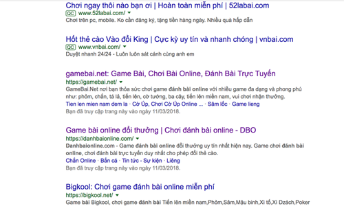 Gõ từ khóa là có ngay nhiều trang web đánh bài online