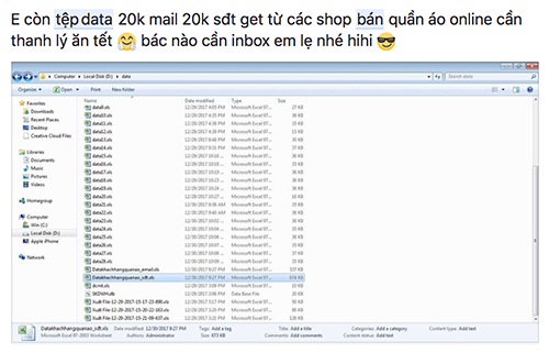 Một bài rao bán dữ liệu khách hàng gồm số điện thoại và email lấy từ các fanpage và nhóm Facebook.