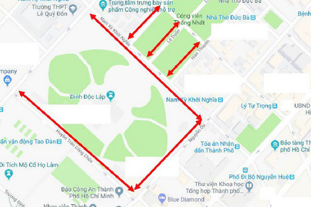 Phương tiện hạn chế lưu thông qua khu vực Hội trường Thống Nhất. Đường giới hạn màu đỏ là đoạn đường hạn chế lưu thông xe (Nam Kỳ Khởi Nghĩa, Nguyễn Du, Huyền Trân Công Chúa, Hàn Thuyên, Lê Duẩn, Alexandre de Rhodes)