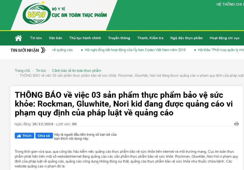 Khuyến cáo người tiêu dùng về 3 sản phẩm: Rockman, Gluwhite, Nori Kid