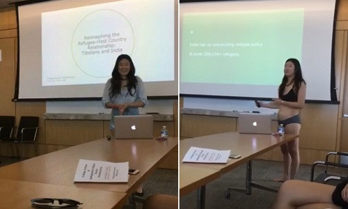 Letitia Chai mặc mỗi đồ lót trong khi thuyết trình. 