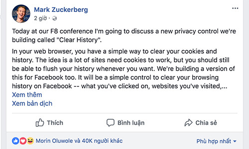 Bài đăng của CEO Facebook nhận được nhiều lượt quan tâm, chia sẻ.