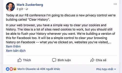Bài đăng của CEO Facebook nhận được nhiều lượt quan tâm, chia sẻ.